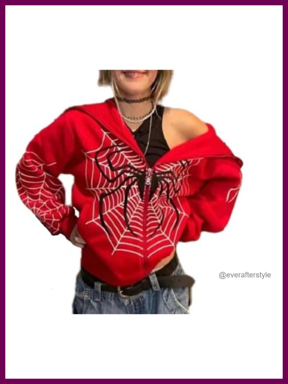 Oversized Y2K Spider Web Graphic Zip Up Hoodie Women Streetwear